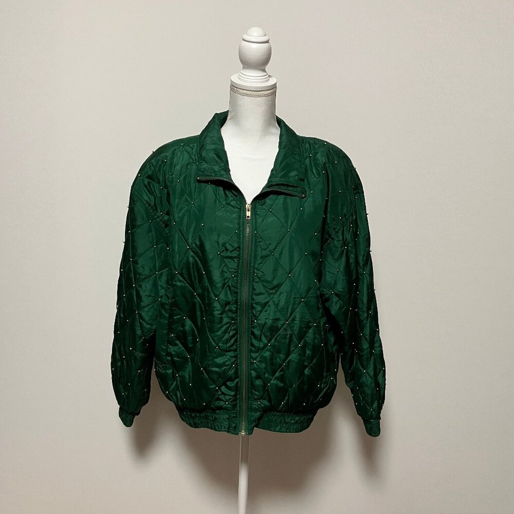 Vintage Selene Paris Green Studded Silk Bomber Jacket, Size Large, Shoulder Pads